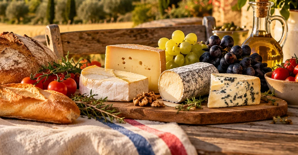 French cheeses, bread and local produce on a rustic outdoor table